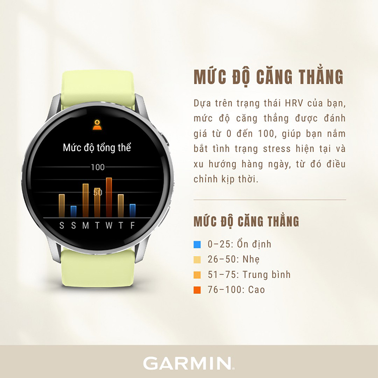 Chỉ số stress trên Garmin phản ánh áp lực công việ, từ tập luyện, giấc ngủ...