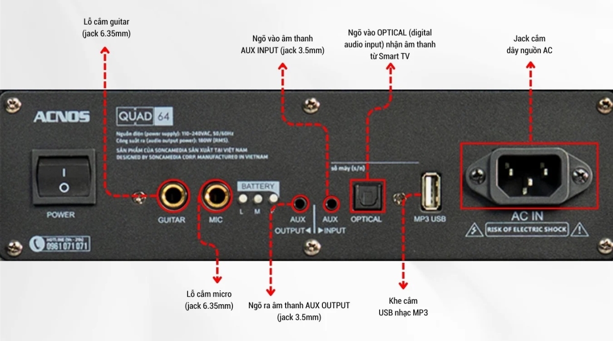 Loa bluetooth Acnos QUAD 64 có nhiều cổng kết nối đa dạng