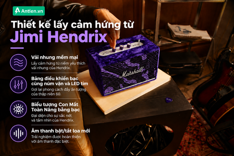 Marshall Acton III Hendrix Edition giới hạn 60 năm với thiết kế nhung tím đen, núm vặn bạc và biểu tượng Con Mắt Toàn Năng lấy cảm hứng từ Jimi Hendrix