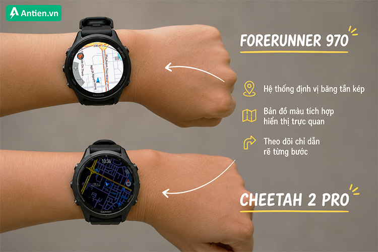 Không lo lạc lối, bản đồ hiển thị thông tin rõ ràng dù lựa chọn Cheetah 2 hay Forerunner 970