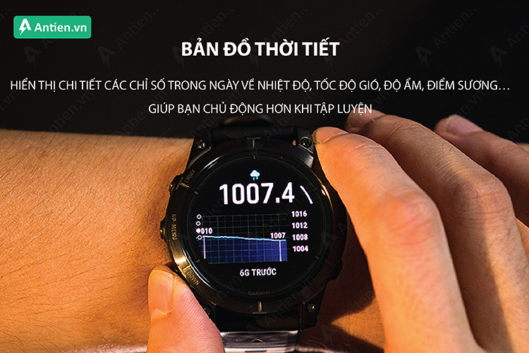 Bản đồ thời tiết được hiển thị chi tiết ngay trên Epix 7 Pro gồm gồm mây che phủ, nhiệt độ trong ngày, nhiệt độ cao/ thấp nhất, tốc độ gió, hướng gió...