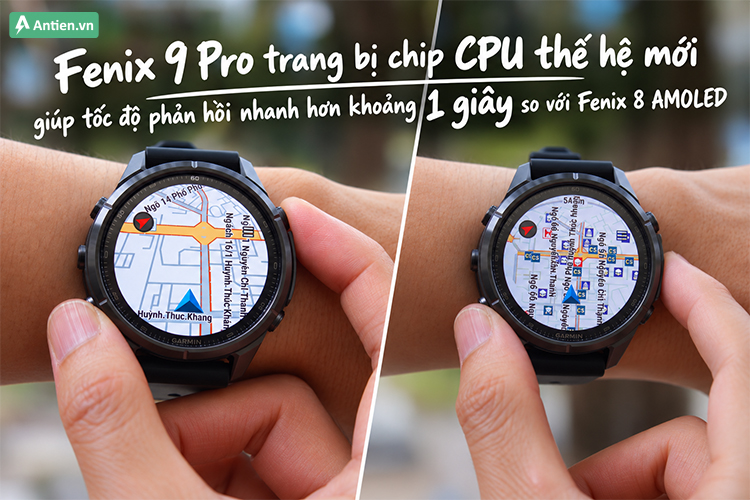 Việc nâng cấp chip CPU trên Fenix 9 Pro giúp cải thiện tốc độ bản đồ, nhanh hơn 1 giây so với Fenix 8