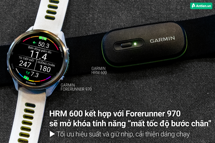 Khi HRM 600 kết hợp với Forerunner 970 sẽ cung cấp nhiều chỉ số chạy chuyên sâu