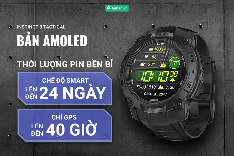 Instinct 3 Amoled Tactical cung cấp thời lượng pin khủng tới 24 ngày ở chế độ thông minh