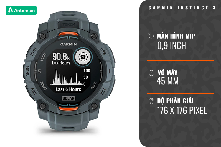 Instinct 3 Solar 45 MM hiển thị hình ảnh sáng với màn hình MIP 0,9 inch
