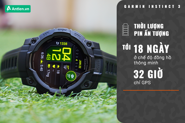 Phiên bản Instict 3 - 45 mm, Amoled cho thời lượng sử dụng tới 18 ngày ở chế độ smart watch