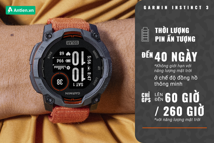 Phiên bản Instict 3 Solar 50 MM cho thời lượng sử dụng tới 40 ngày ở chế độ smart watch