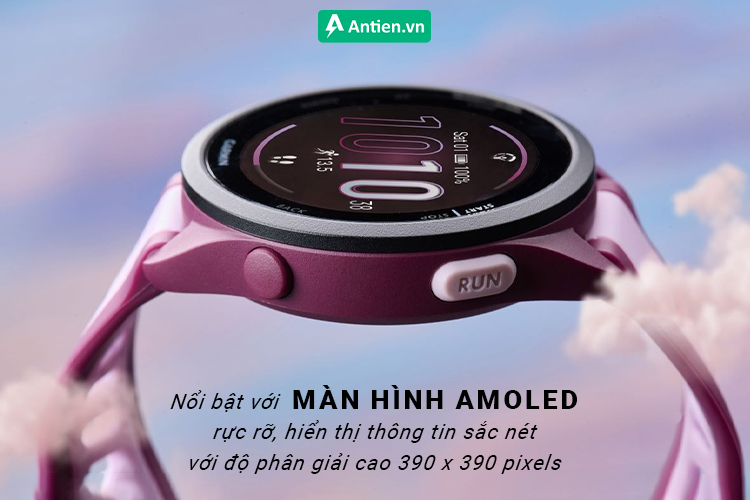 FR165 nổi bật với màn hình AMOLED cho khả năng hiển thị sắc nét, rực rỡ