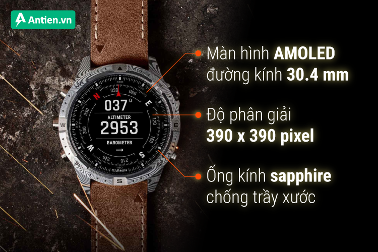 MARQ Adventurer (Gen 2) Damascus thuộc dòng cao cấp nhất của Garmin, nổi bật với màn hình AMOLED sống độn