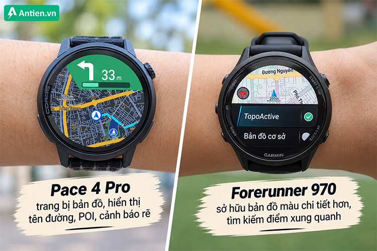 Bản đồ trên Forerunner 970 hiển thị chi tiết và sống động hơn, hỗ trợ người dùng tìm kiếm các điểm xung quanh