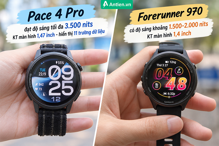 Cùng trang bị màn hình Amoled nhưng Pace 4 Pro sở hữu độ sáng tới 3.5000 nits (gấp đôi Forerunner 970)