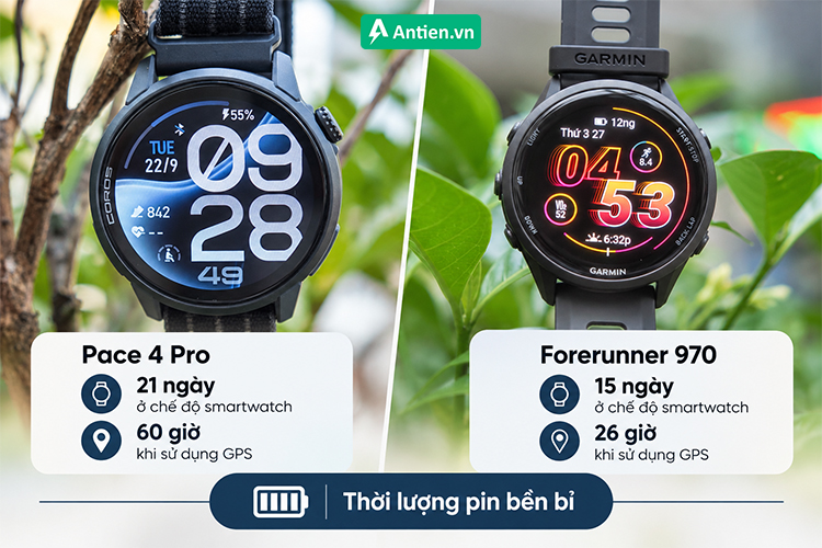 Pace 4 Pro có lợi thế rõ ràng hơn về thời lượng pin nhưng Forerunner 970 cũng "đủ lì" để theo bạn trên mọi cung trail