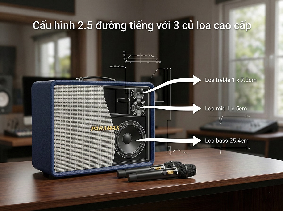 Loa karaoke PARAMAX Nice sở hữu cấu hình 2.5 đường tiếng cho âm thanh cân bằng