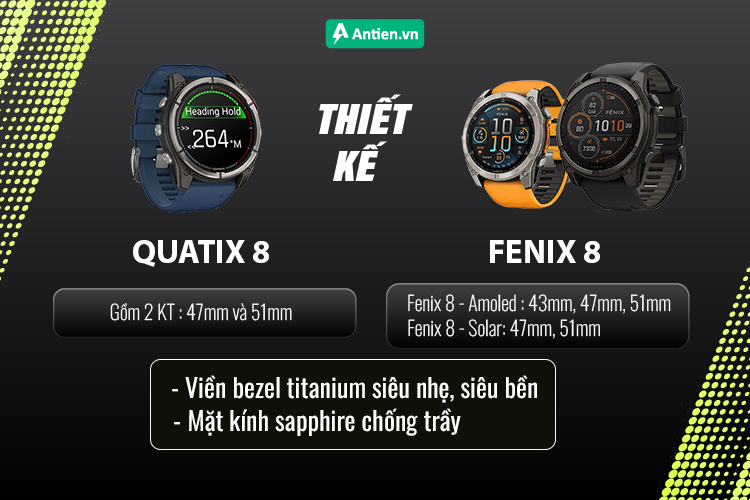 So với quatix 8, Fenix 8 mang đến nhiều lựa chọn phiên bản với đa dạng kích thước