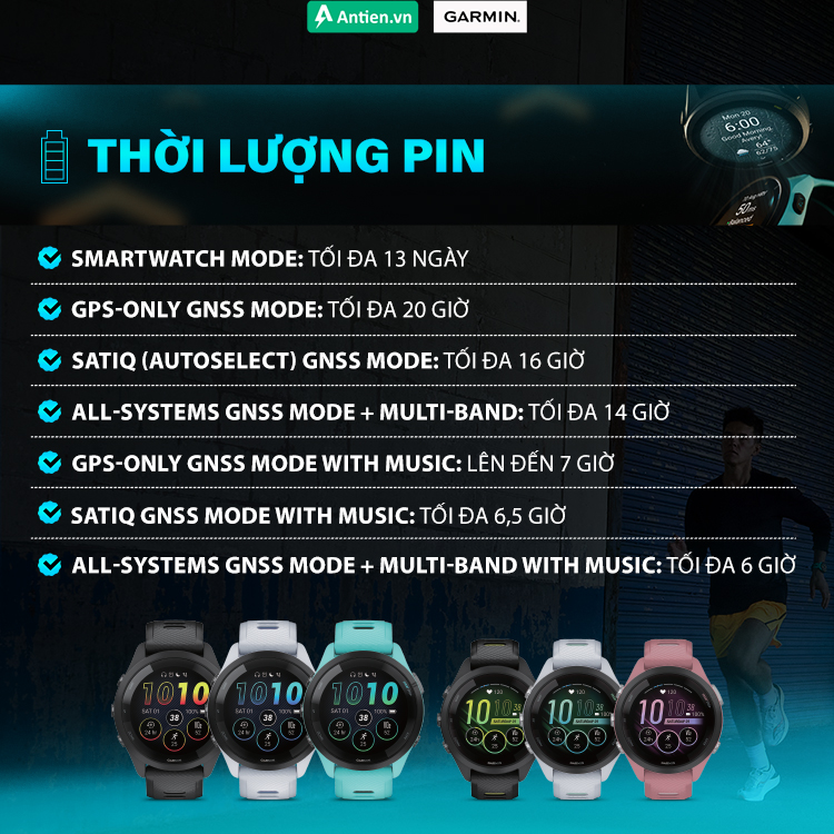 FR265 cho thời lượng pin tới 13 ngày ở chế độ thông minh, kéo dại mọi cuộc phiêu lưu của bạn