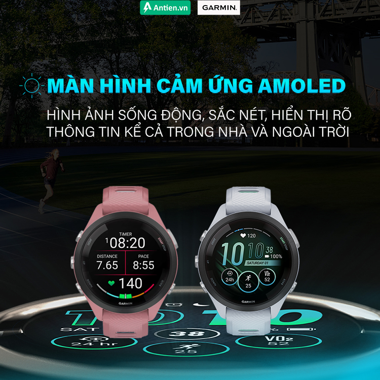 FR265S trang bị màn hình AMOLED, hiển thị sống động và sắc nét