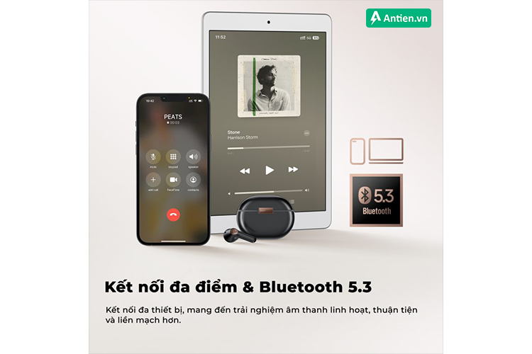 Trang bị công nghệ Bluetooth V5.3 ổn đinh, tốc độ cao cùng kết nối 2 thiết bị