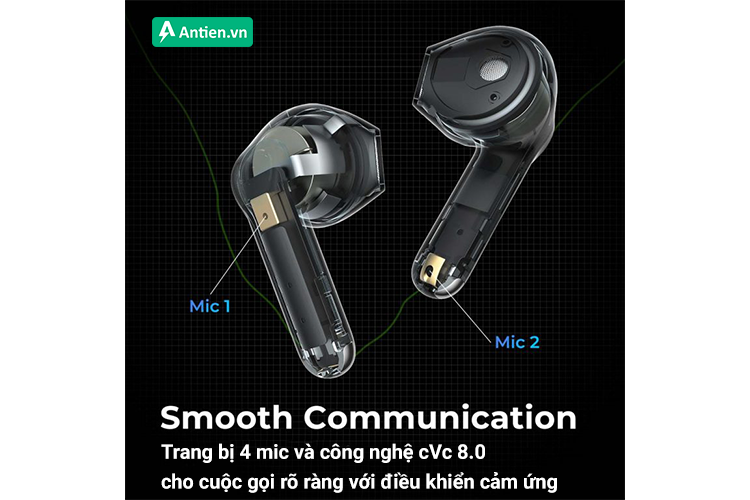 Trang bị 2 mic cho mỗi bên tai nghe cùng công nghệ cVc 8.0 cho âm thanh cuộc gọi rõ ràng