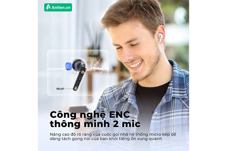 Trang bị công nghệ chống ồn môi trường ENC cùng 2 mic kép 2 bên hỗ trợ đàm thoại dễ