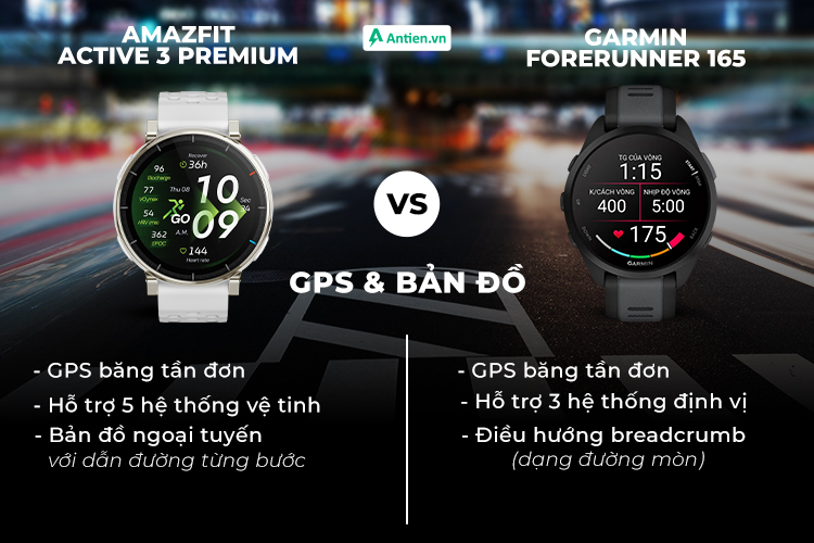 Forerunner 165 chỉ sử dụng dẫn đường dạng cơ bản, còn Active 3 Premium trang bị bản đồ chi tiết