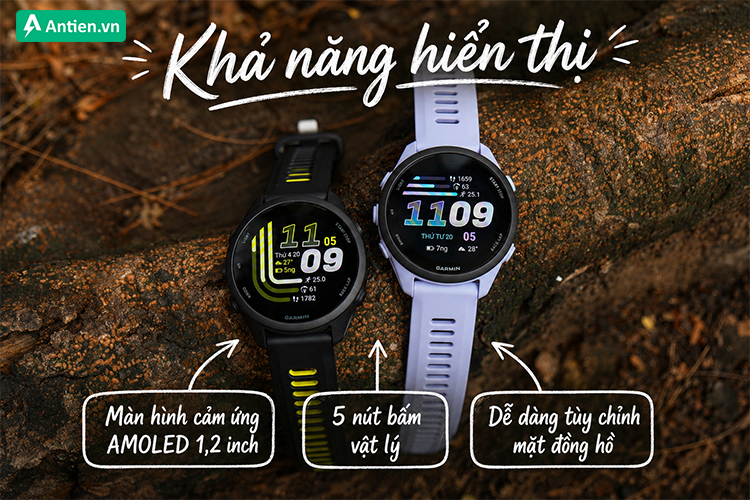 Cả 2 thế hệ Forerunner mới đều sử dụng màn hình Amoled, thiết kế 5 nút bấm quen thuộc