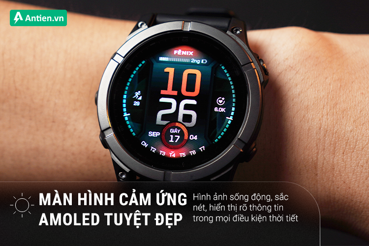 Fenix E nổi bật với màn hình AMOLED 1,3 inch rực rỡ, viền bằng thép không gỉ và vỏ polymer sợi gia cố