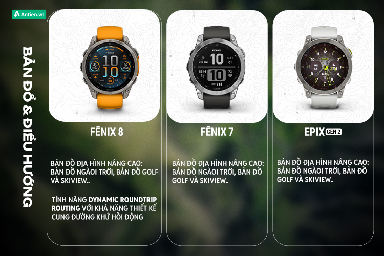 Fenix 8, Fenix 7 và Epix Gen 2 đều trang bị sẵn hệ thống bản đồ địa hình nâng cao