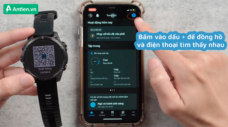 Giúp đồng hồ và điện thoại tìm thấy nhau khi bấm vào dấu + góc phải màn hình điện thoại