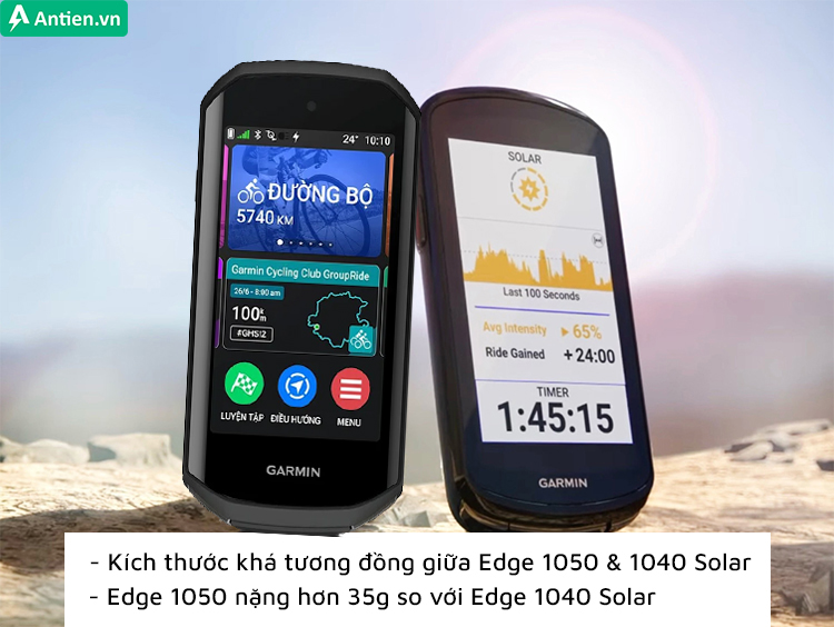 So với Edge 1040 Solar, máy tính xe đạp 1050 khá tương đồng về kích thước nhưng trọng lượng lớn hơn