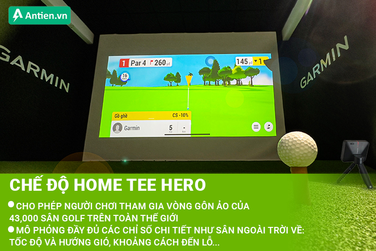 Chế độ giả lập Home Tee Hero cho phép tham gia vòng gôn ảo trên sân 3D của hơn 43K sân golf trên toàn thế giới