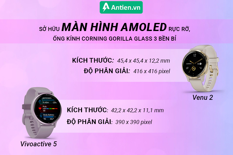 Giữa Vivoactive 5 và Venu 2 có thiết kế tương tự nhau với màn hình AMOLED tuyệt đẹp