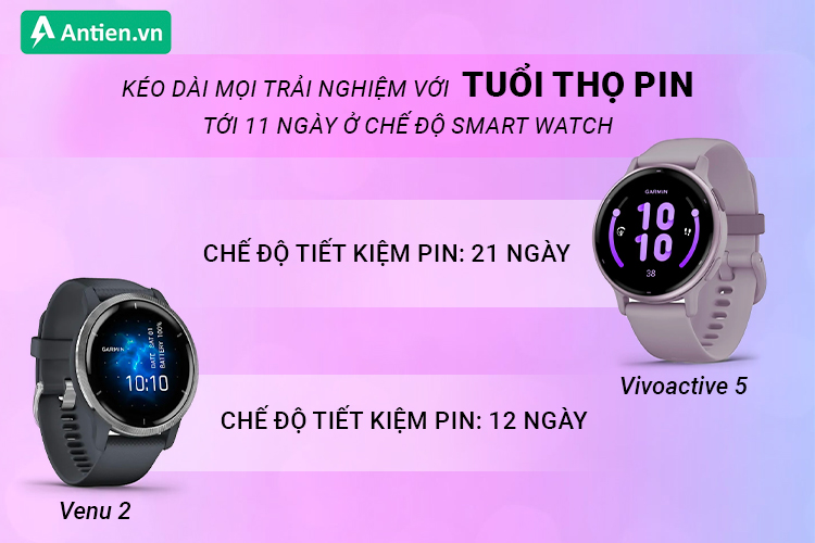 Cả Venu 2 và Vivoactive 5 đều sở hữu thời lượng pin lên tới 12 ngày ở chế độ smart watch