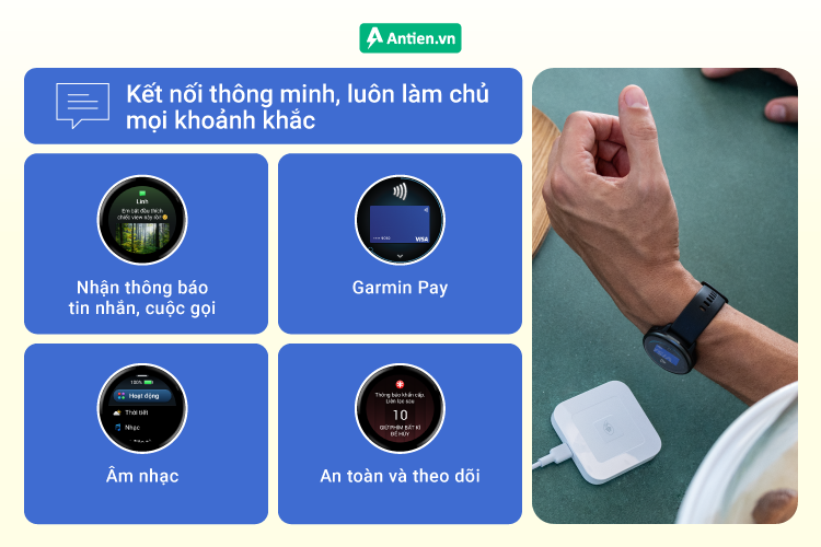 Garmin Pay, âm nhạc tích hợp, thông báo thông minh – giúp bạn kết nối mà không cần điện thoại