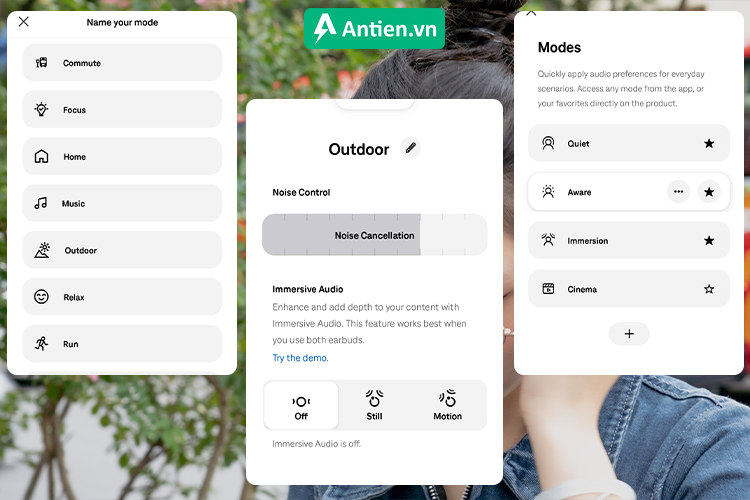 Tùy chỉnh chế độ chống ồn với 10 cấp độ và chế độ xuyên âm trên Bose QCUE Gen 2