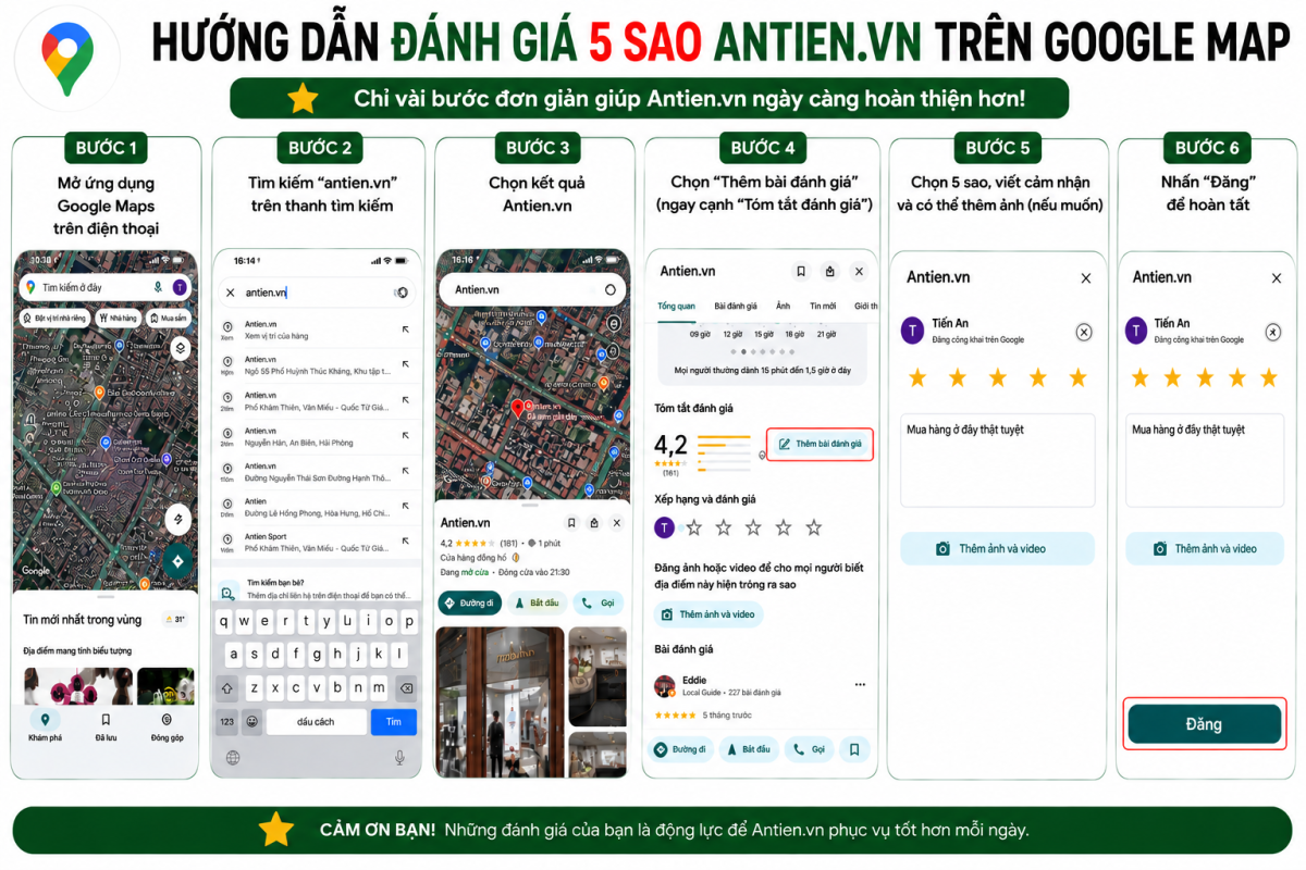 Hướng dẫn đánh giá 5 sao Antien.vn trên Google Maps: