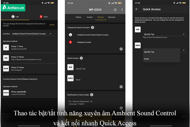 Thao tác điều khiển tính năng xuyên âm Ambient Sound Control và kết nối nhanh Quick Access