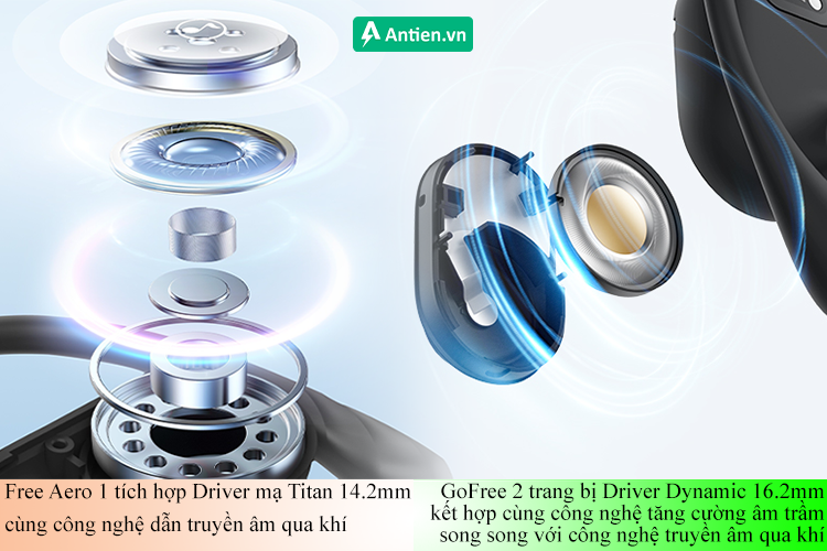 Free Aero 1 tích hợp Driver mạ Titan 14.2mm trong khi GoFree 2 tích hợp màng loa Dynamic 16.2mm