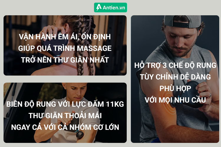 Hỗ trợ 3 chế độ rung cùng biên độ đấm với lực lên đến 11kg, phù hợp với mọi nhóm cơ từ lớn đến nhỏ