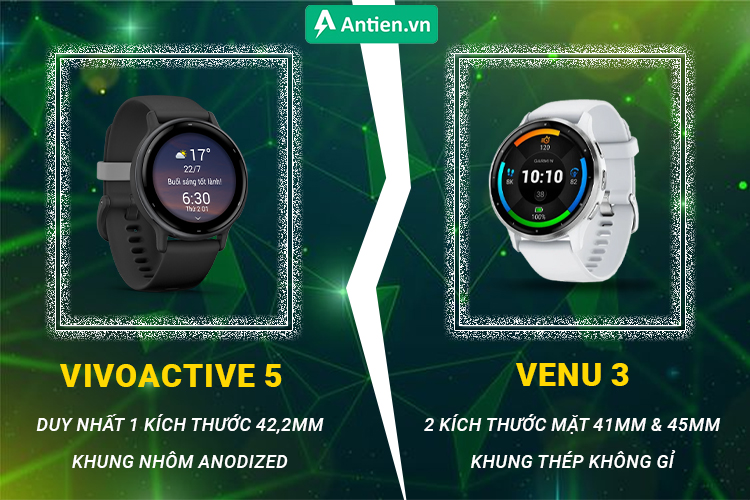  Venu 3 và Vivoactive 5 khá tương đồng nhau về thiết kế, khác nhau về kích thước màn hình