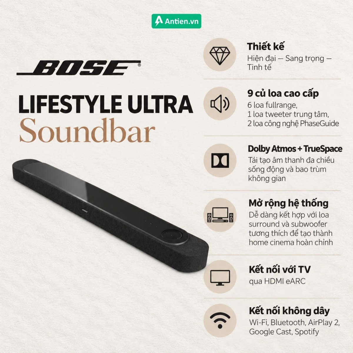 Đặc điểm loa soundbar Bose Lifestyle Ultra sở hữu thiết kế thanh lịch, hỗ trợ Dolby Atmos, công nghệ SpeechClarity và Custom Tune