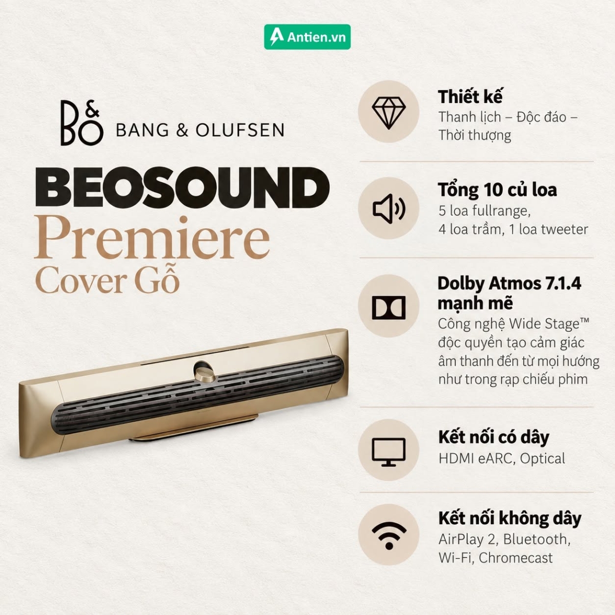 Đặc điểm loa soundbar B&O Beosound Premiere Cover Gỗ với thiết kế thanh lịch, hệ thống 10 củ loa, Dolby Atmos 7.1.4 và công nghệ Wide Stage