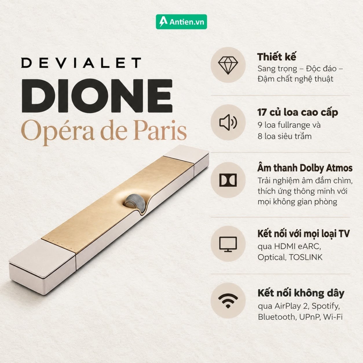 Đặc điểm loa soundbar Devialet Dione Opéra de Paris đậm chất nghệ thuật Pháp với 17 củ loa, hỗ trợ Dolby Atmos, công nghệ SPACE