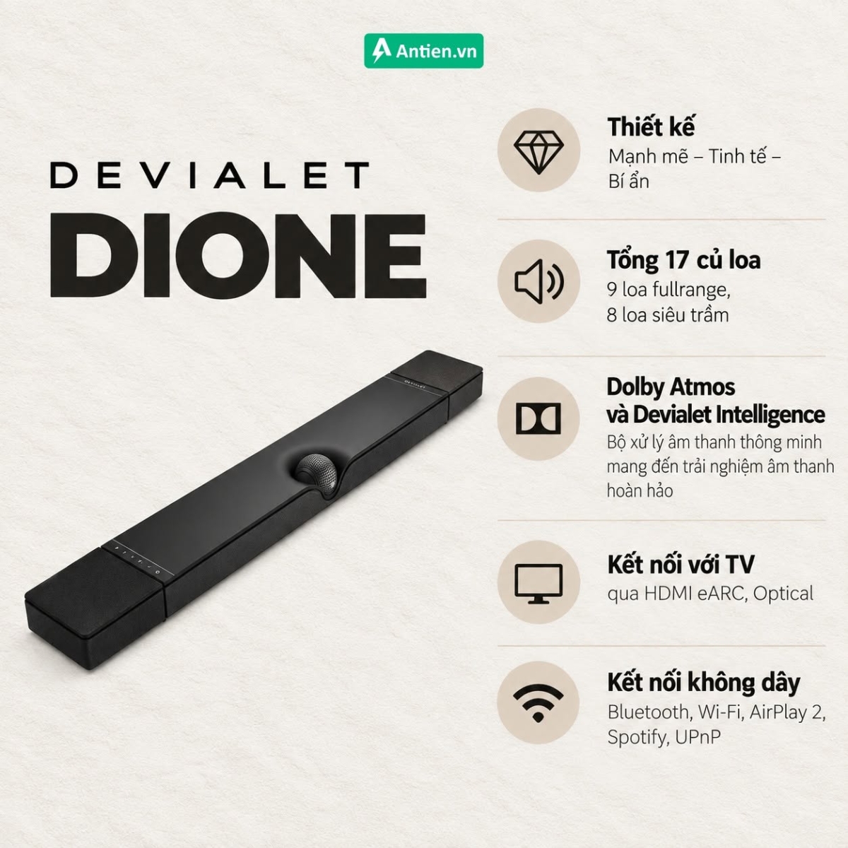 Đặc điểm loa soundbar Devialet Dione với phong cách mạnh mẽ, sở hữu 17 củ loa
