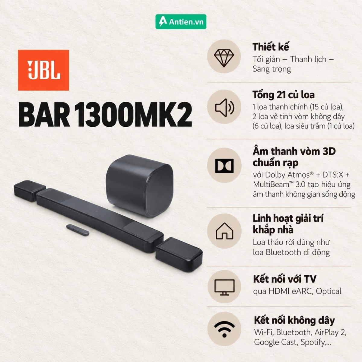 Đặc điểm loa soundbar JBL Bar 1300MK2 phong cách tối giản, tổng 21 củ loa