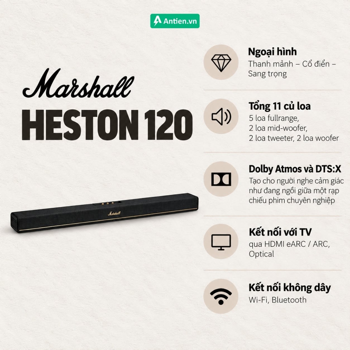 Đặc điểm loa soundbar Marshall Heston 120 với phong cách cổ điển, hệ thống 11 củ loa cùng khả năng hỗ trợ Dolby Atmos và DTS.X