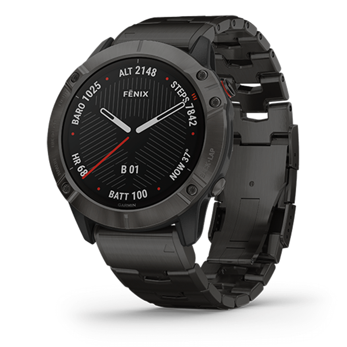 Garmin Fenix 6X - Titanium Carbon Gray DLC with DLC Titanium Bracelet, Pro Solar