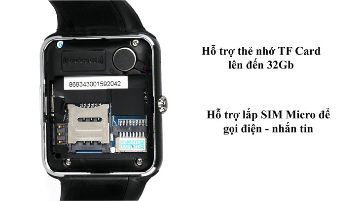 Đồng hồ thông minh GT08 có khe cắm SIM và thẻ nhớ.